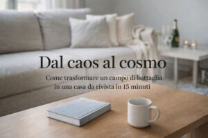 soggiorno visto leggermente dall’alto in ambiente luminoso e pulito