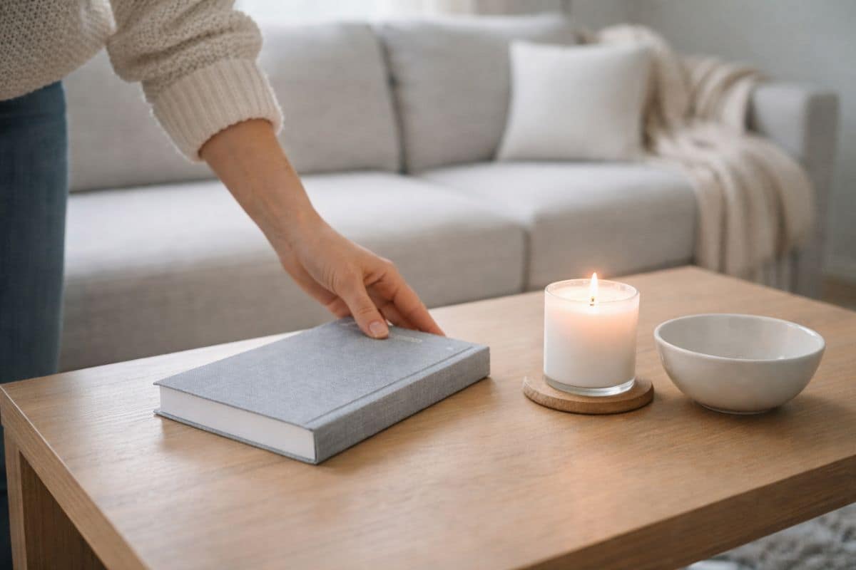 primo piano di un tavolino mentre una mano sistema un libro
