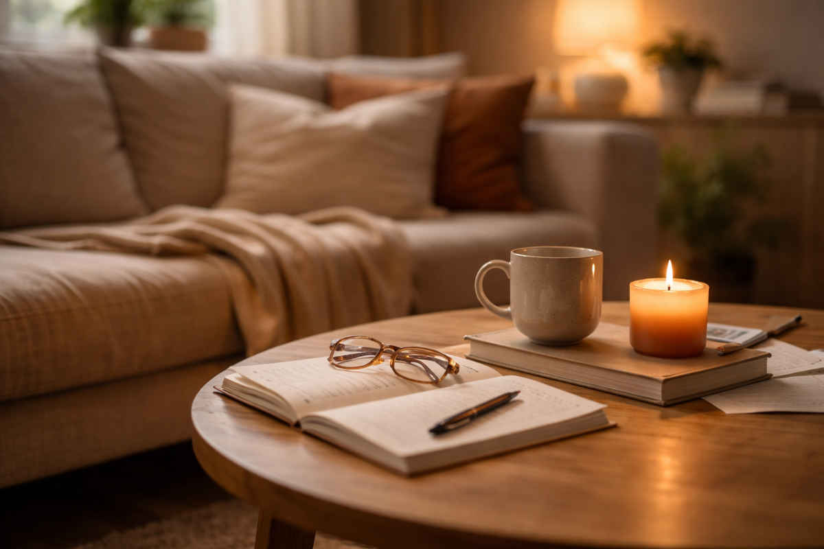 Primo piano su tavolino del soggiorno in legno con divano e complementi di arredo sullo sfondo