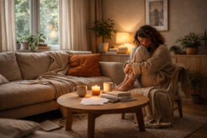 Ragazza triste seduta sul divano con candele e luci accese a riscaldare l'ambiente