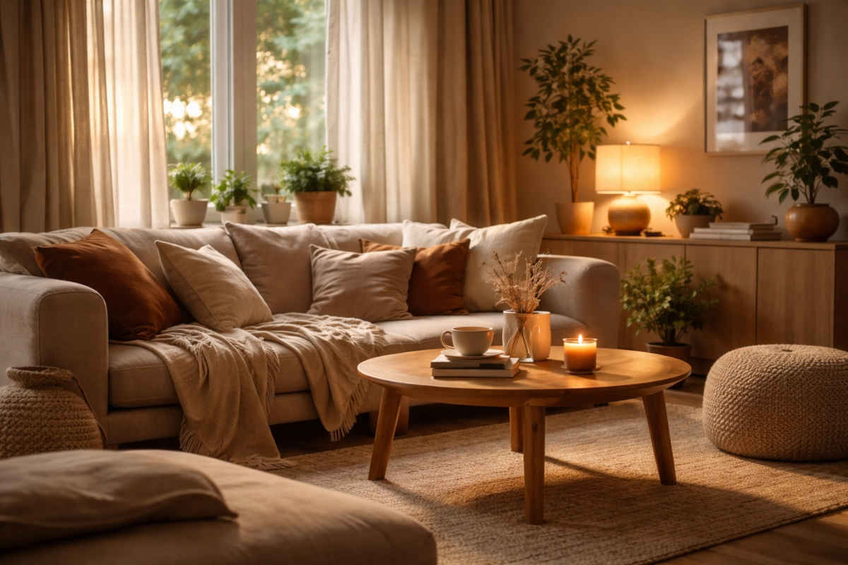 Soggiorno caldo, accogliente, sui toni del marrone