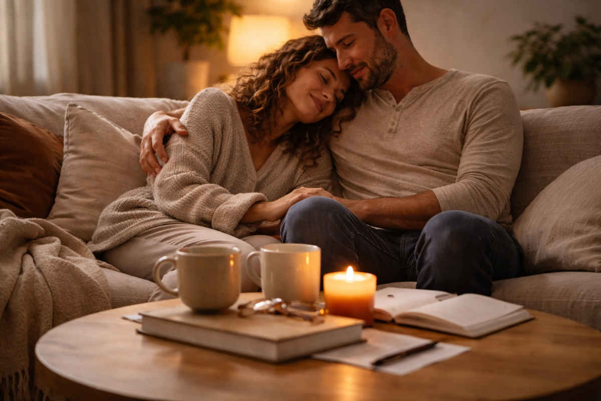 Coppia di fidanzati seduti sul divano con davanti un tavolino di legno e candela accesa