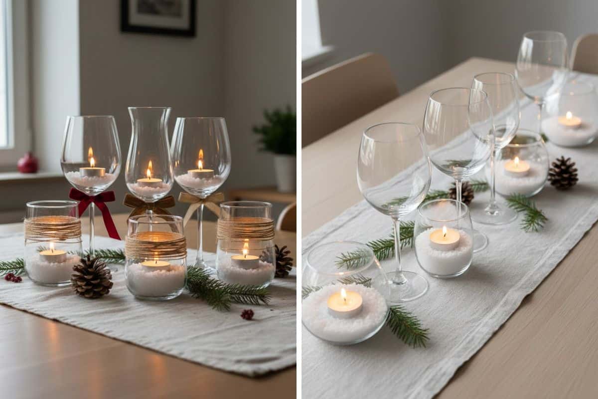 Tavolo con bicchieri decorati con candeline, pigne e rametti di Pino