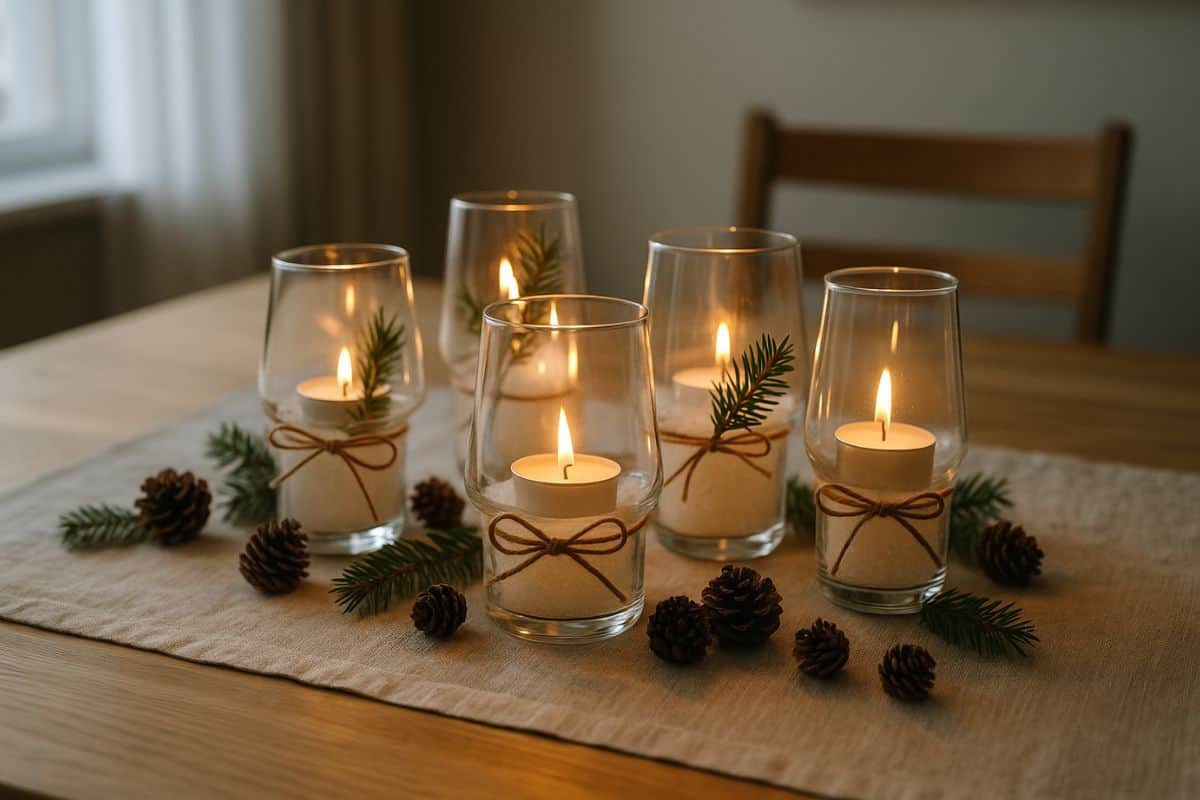 Tavolo con bicchieri decorati con candeline, pigne e rametti di Pino