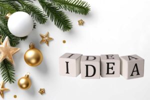 scritta idea con aghi di pino palline bianche e stille color oro