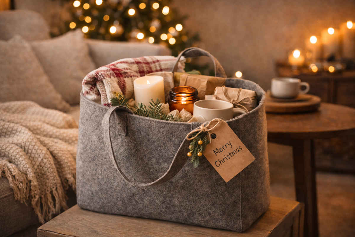 Cesto natalizio borsa in feltro con all'interno generi alimentari e su sfondo decorazioni natalizie