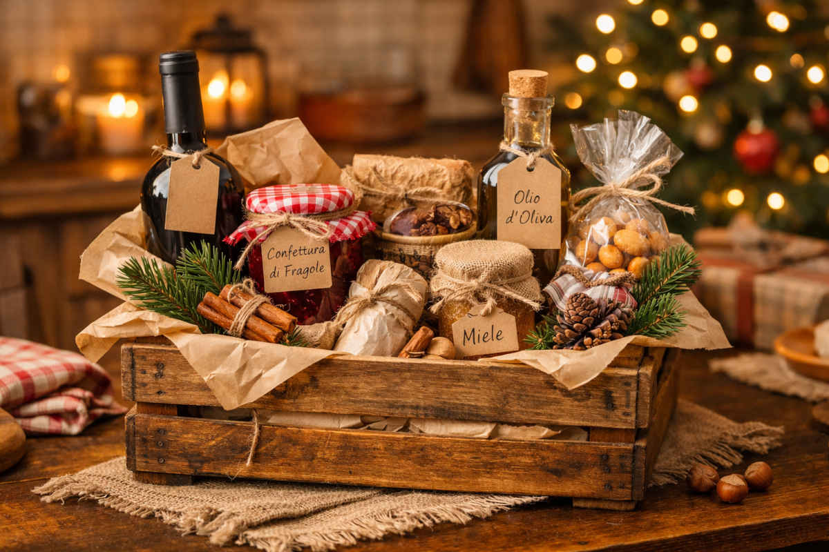 Cassetta di legno usata come cesto natalizio e ricca di ghiotti prodotti alimentari