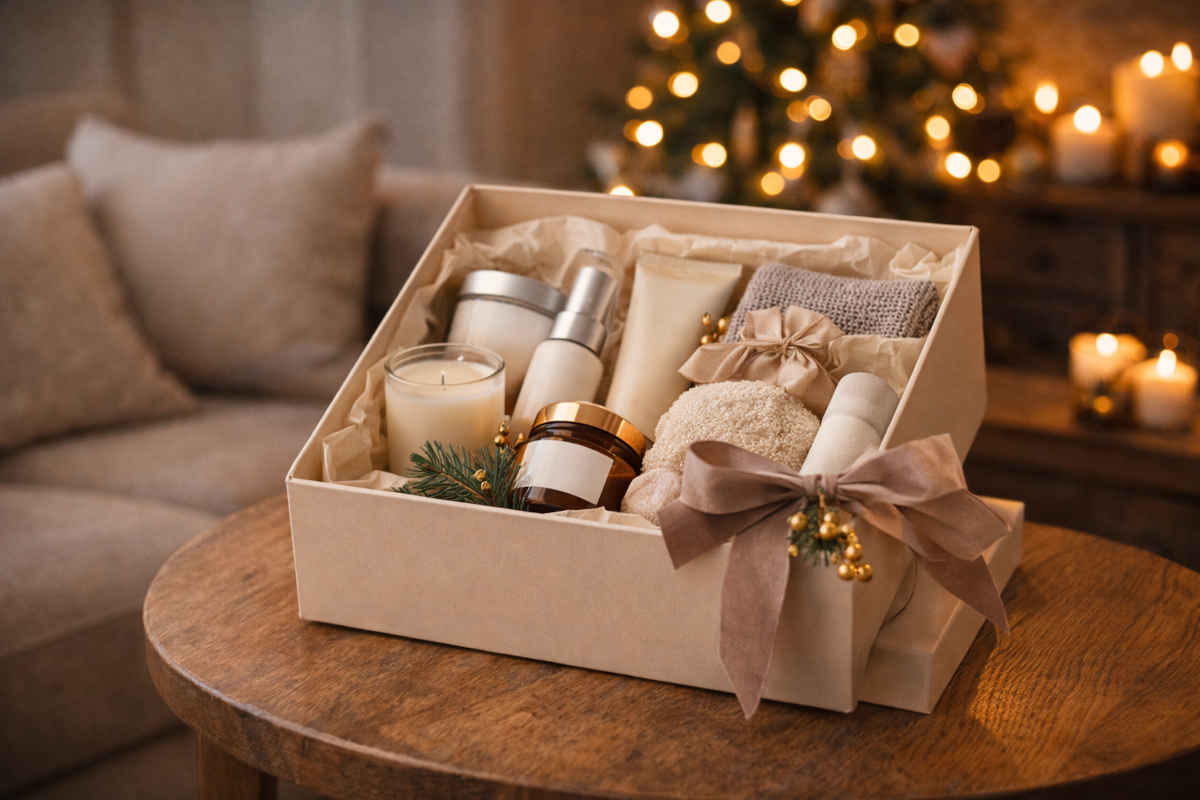 Scatola di cartone con all'interno dei prodotti beauty da regalare per Natale