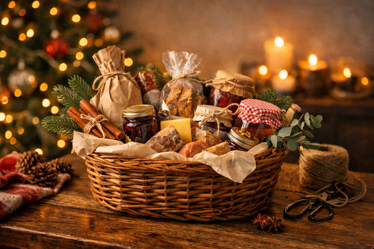 Classico cesto natalizio in vimini con all'interno cibo e sullo sfondo decorazioni natalizie calde