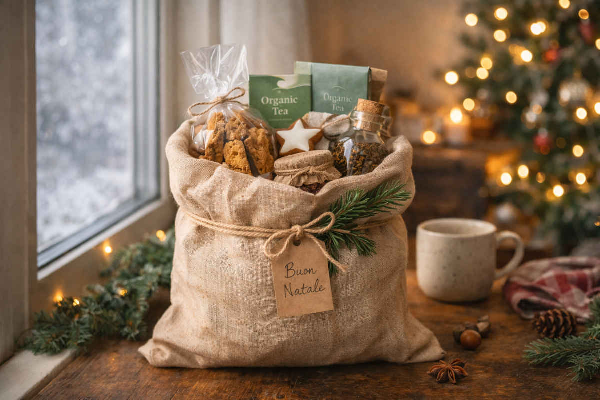 Sacco di juta usato come cesto natalizio e sullo sfondo albero di Natale con luci accese