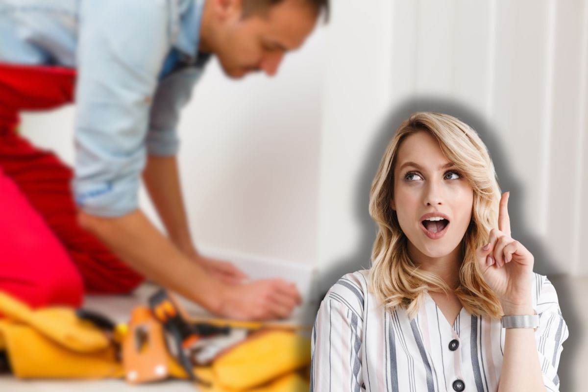 professionista che cambia battiscopa e donna sorpresa