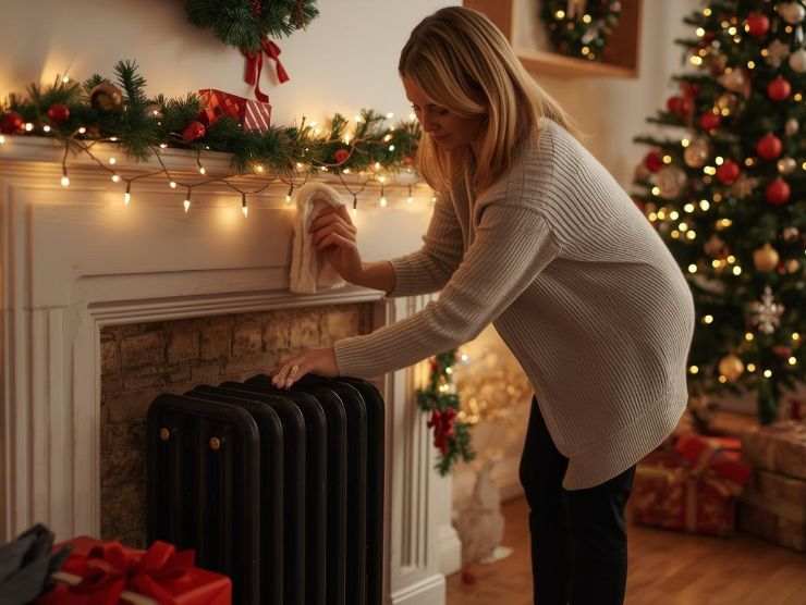 donna che pulisce termosifone del soggiorno addobbato a festa