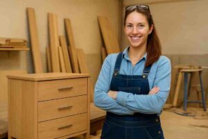 donna in falegnameria con il comodino vicino