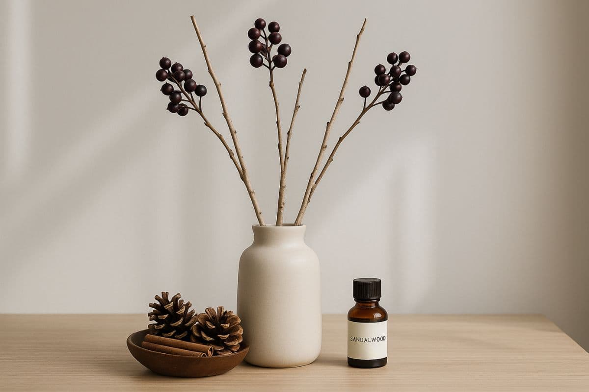 Vaso in ceramica con bacche e cannella e pigne sul tavolo