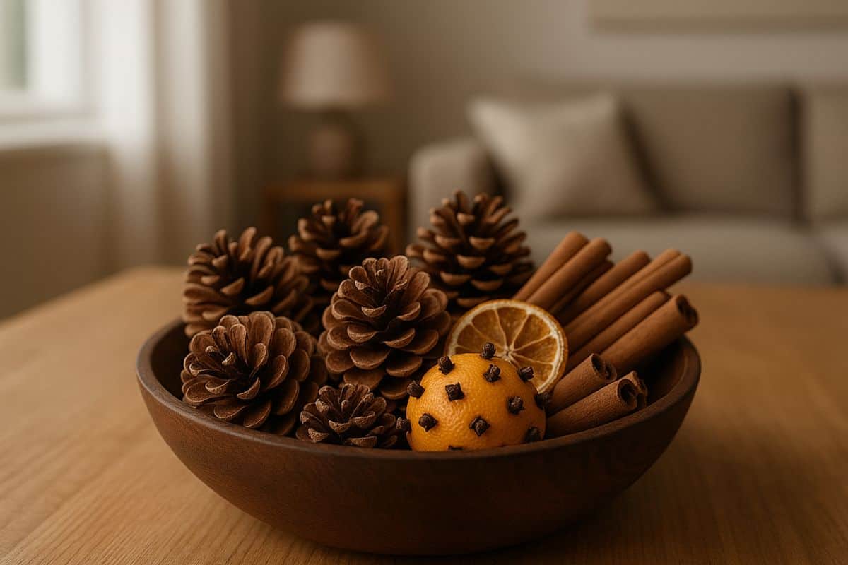 Composizione botanica di pigne, arance e cannella in ciotola di legno