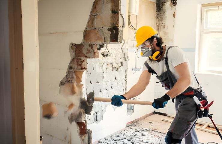 operaio che rompe mura di casa 