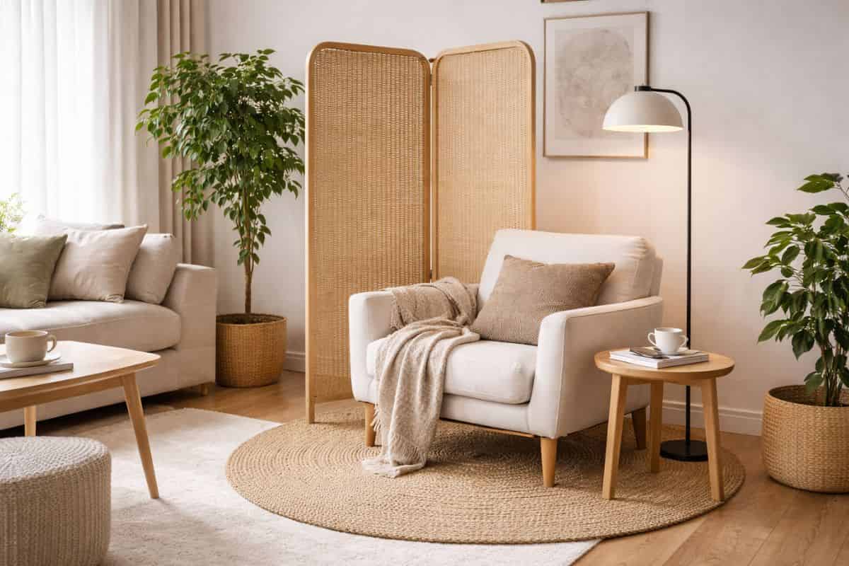 salotto luminoso con poltrona, tappeto, lampada e paravento