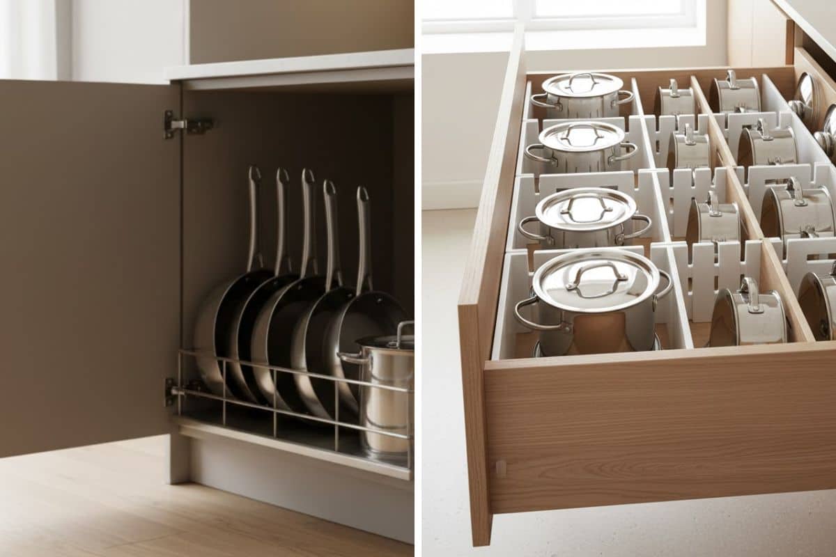 Mobile aperto con pentole verticali e cassetto con pentole