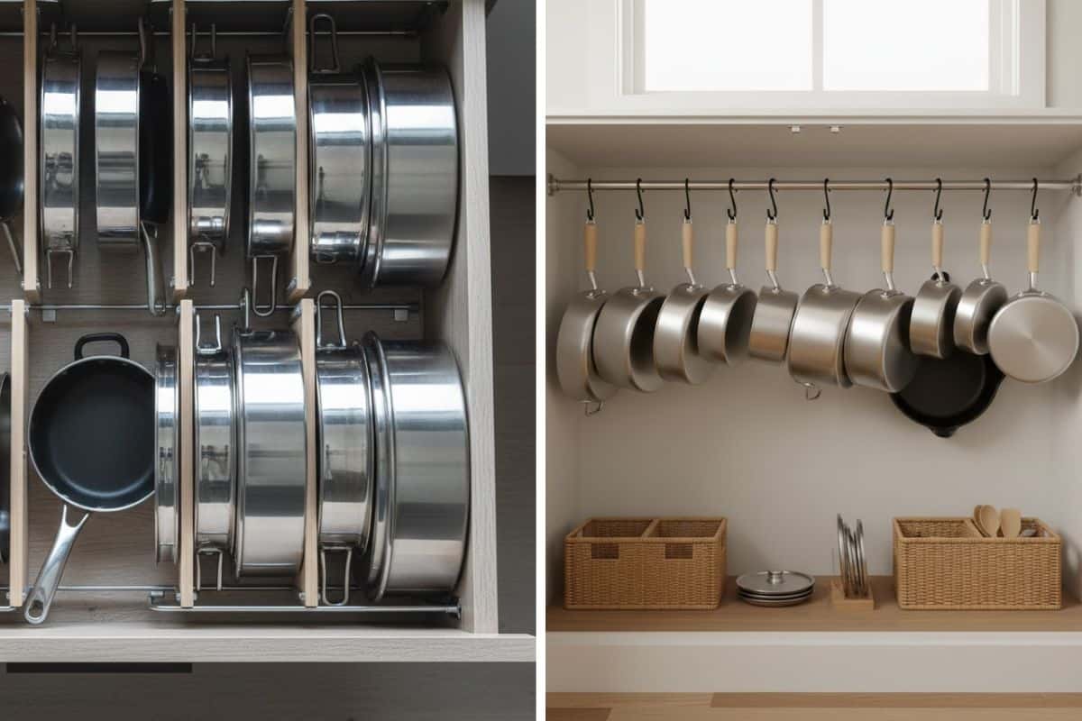 Cassetto ordinato con pentole e dispensa con pentole appese