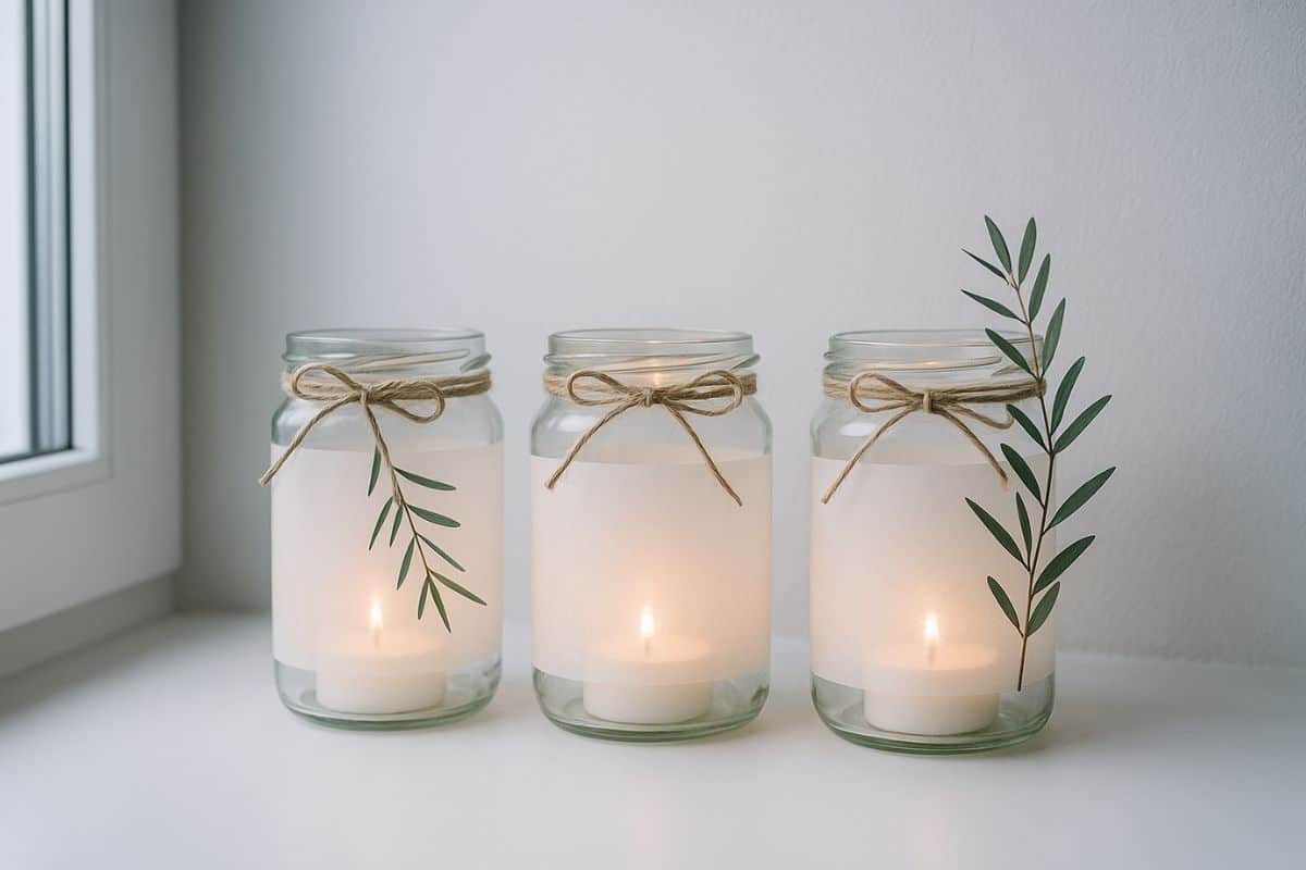 Tre barattoli di vetro con candela all'interno su fondo bianco