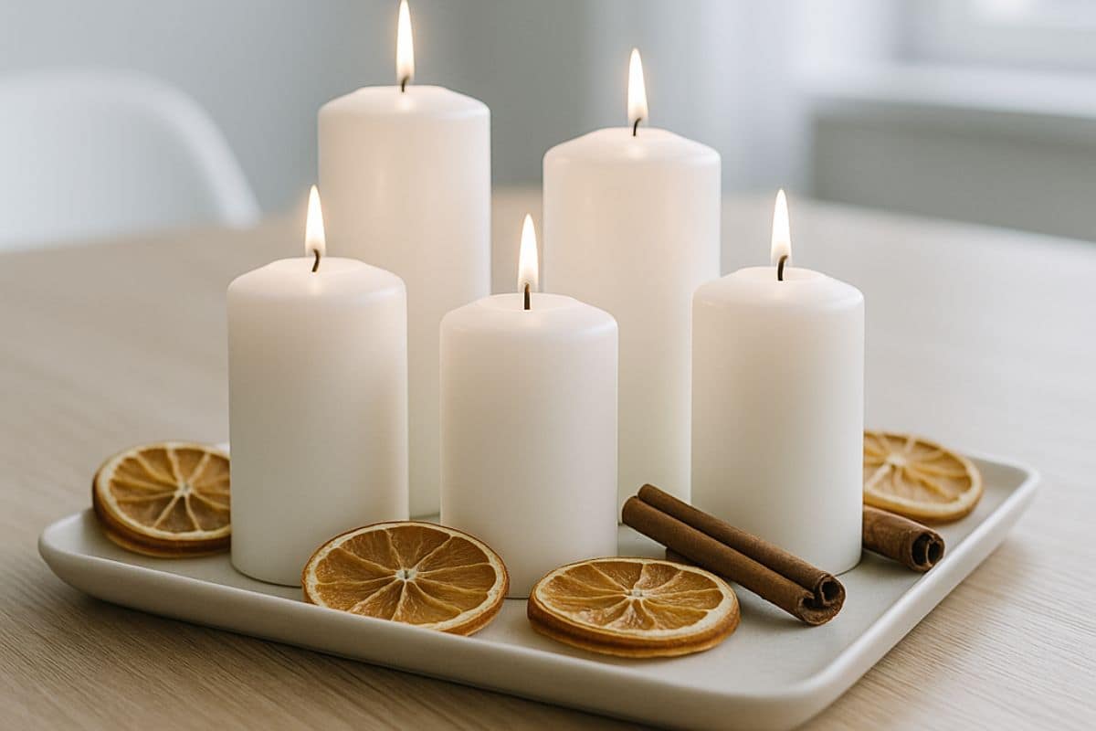 Candele bianche sul vassoio in ceramica con arance e cannella