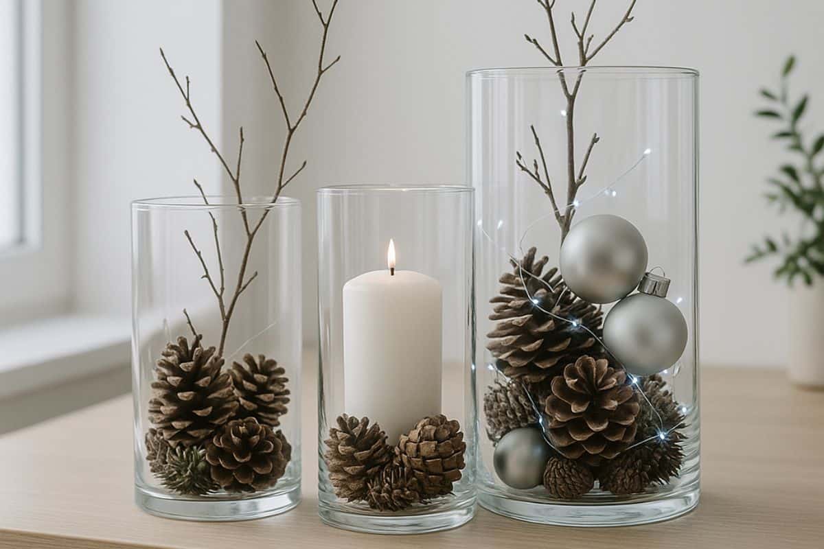 Vasi di vetro con pigne, candela e palline di Natale su tavolo di legno