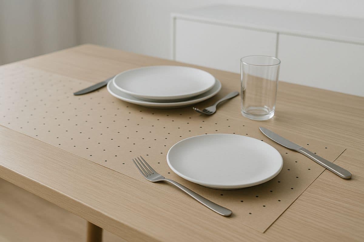 Primo piano tavola in cucina con carta kraft decorata