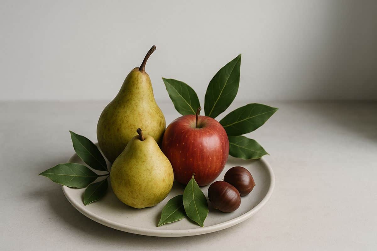 Piatto in ceramica con due pere, mela e castagne