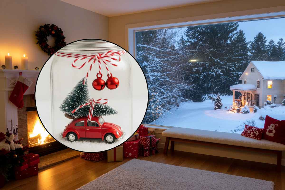 casa addobbata per natale e barattolo natalizio