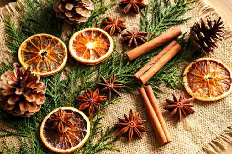 diversi addobbi natalizi per la casa, come fette di arancia secche e rametti di pino