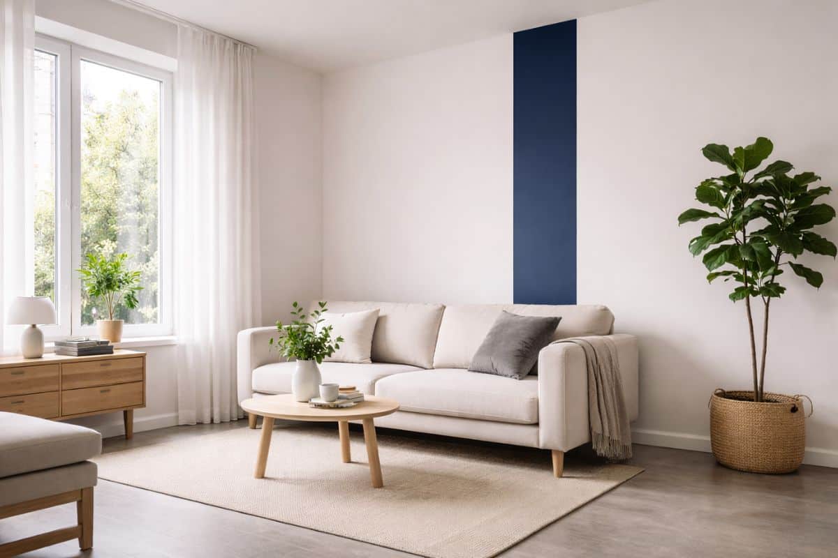 Salotto con divano chiaro e tavolino e fascia blu dipinta alla parete