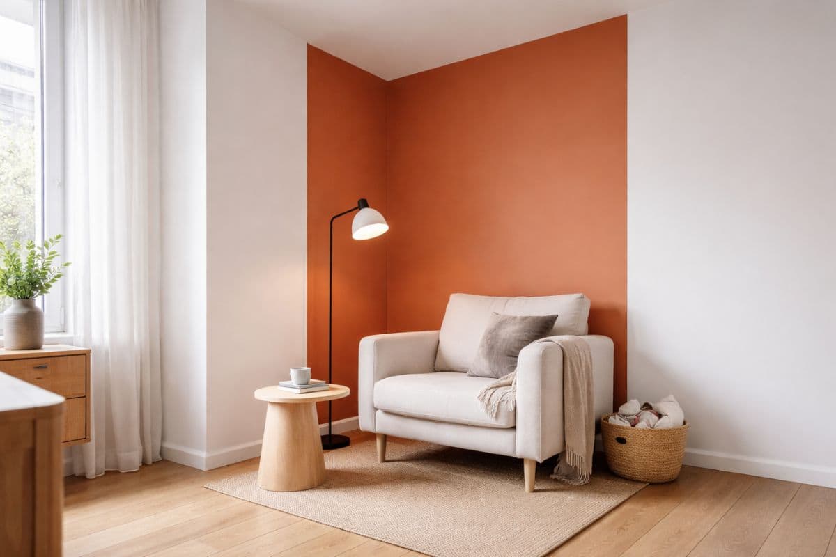 Salotto con poltrona, lampada da terra e angolo arancione dipinto alla parete