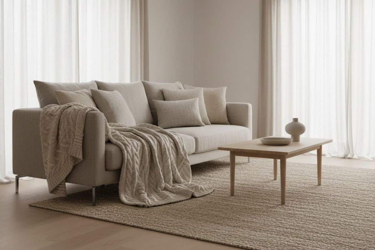 Salotto con luce naturale, divano chiaro con plaid e tavolino basso