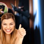 ladri che entrano in casa, rottweiller in icona rossa e donna sorridente che fa ok con le mani