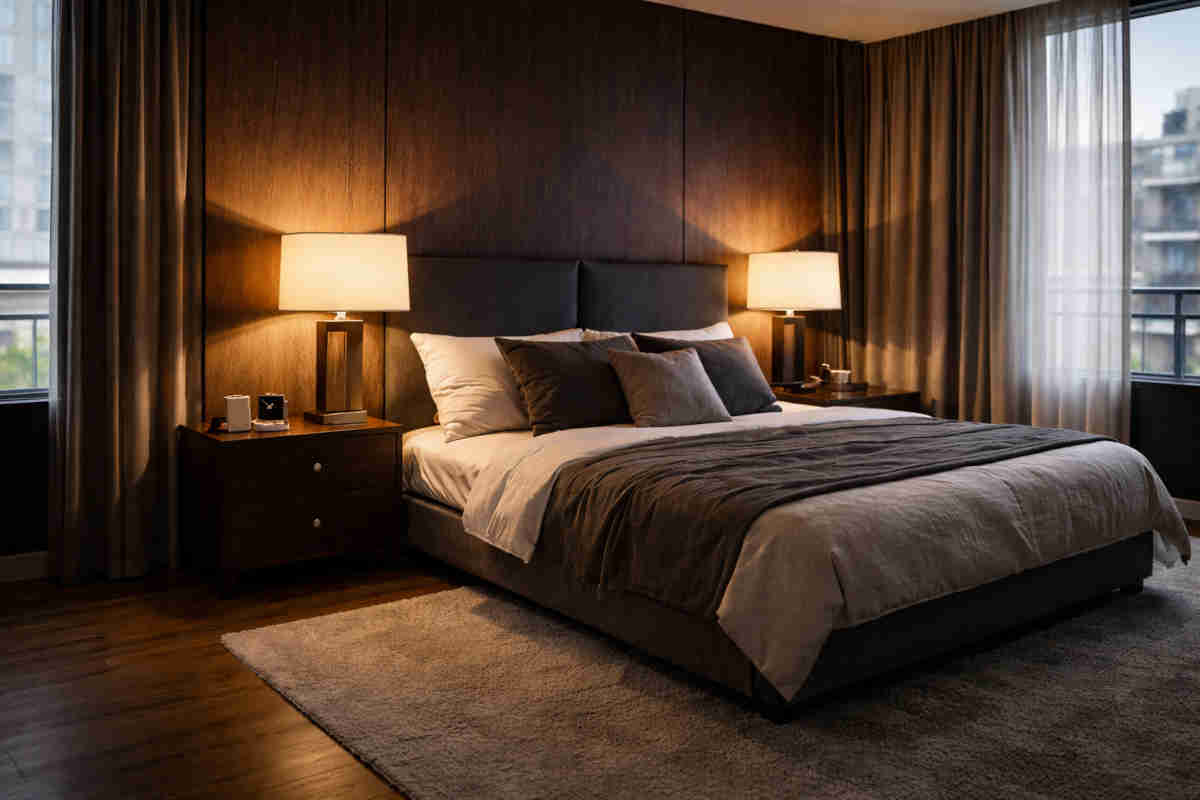 Camera da letto cupa con lampade accese accanto al letto