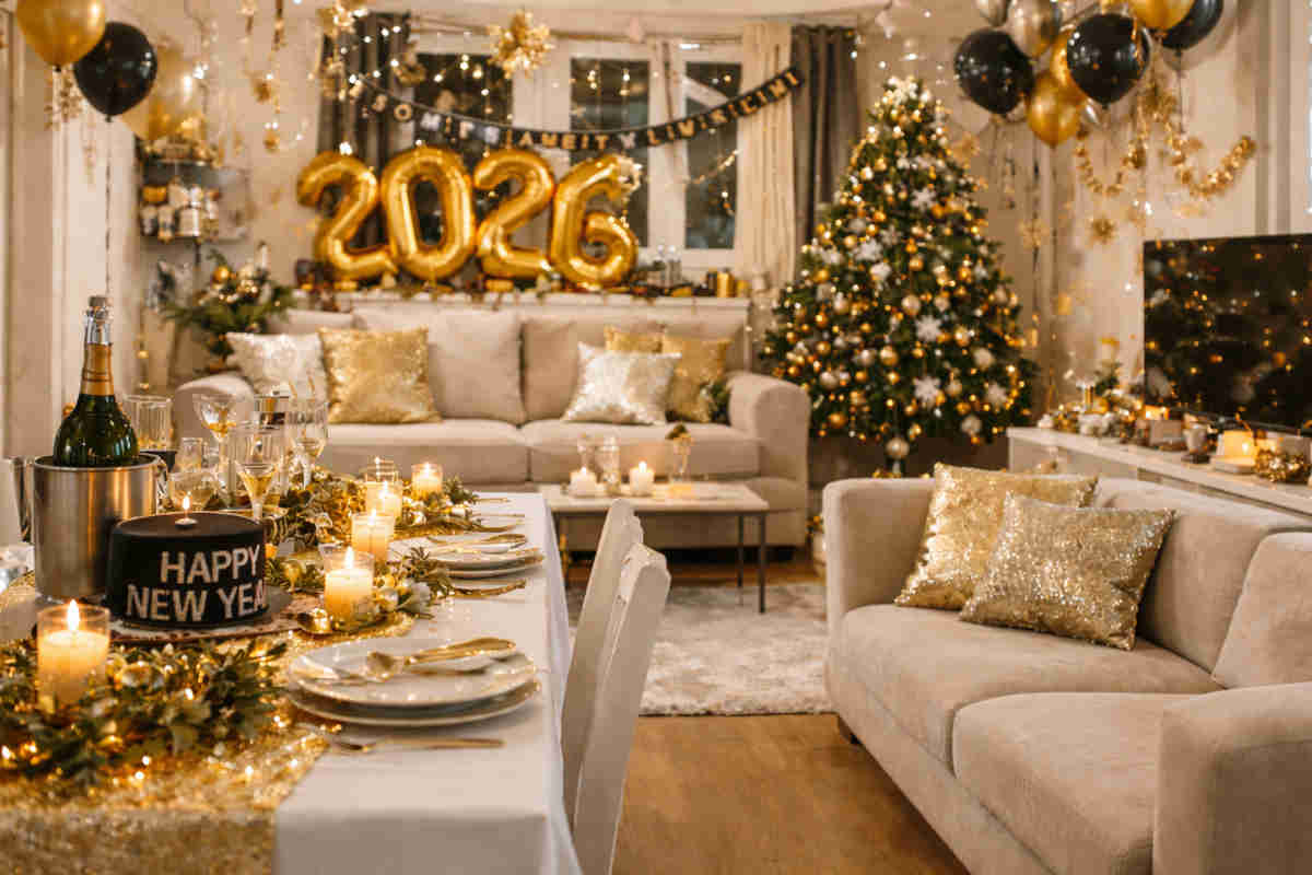 Soggiorno arredato per una festa di Capodanno a casa