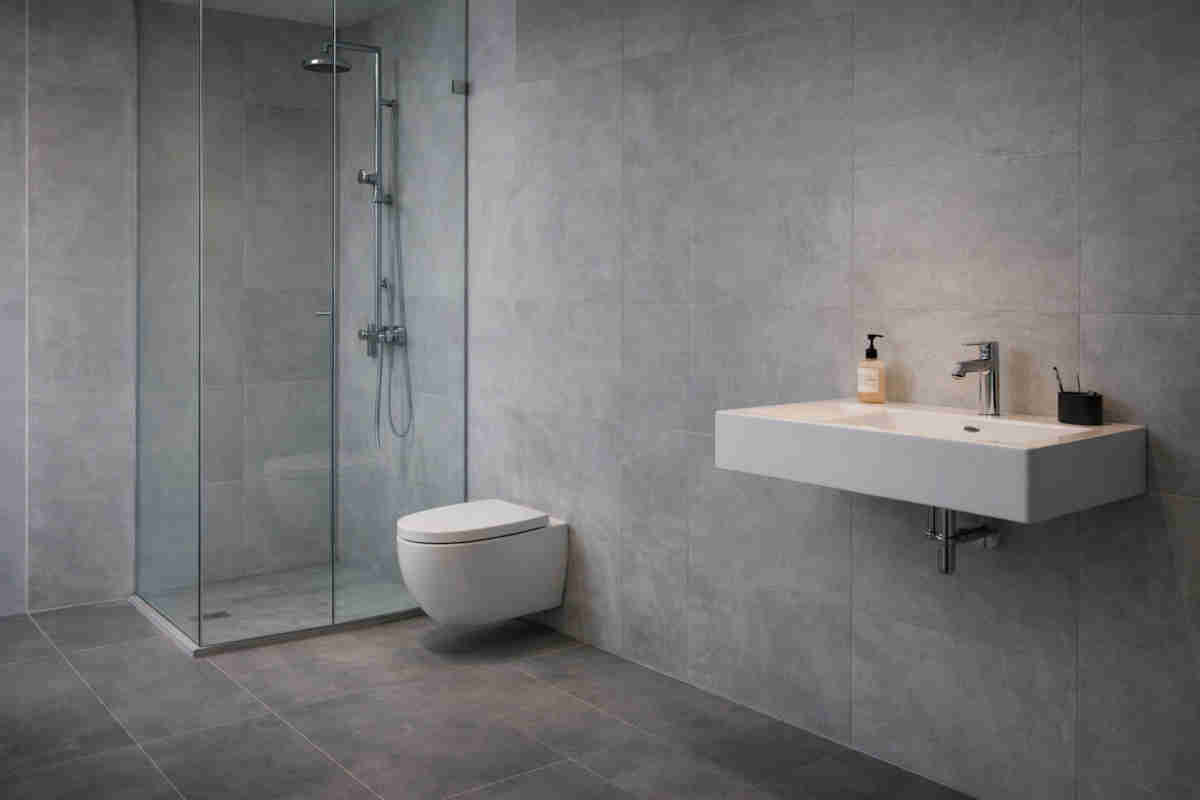 Bagno spoglio e minimalista sui toni del grigio