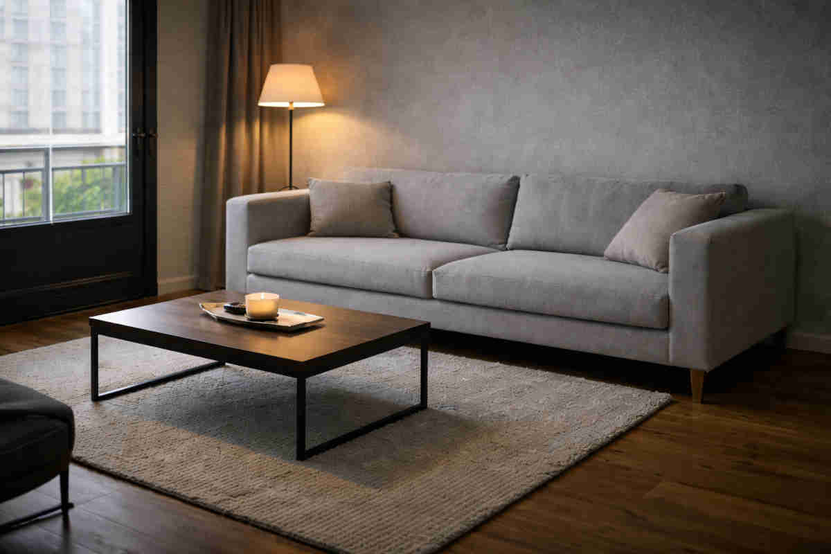 Soggiorno minimal sui toni del grigio con lampada a piantana accesa accanto al divano