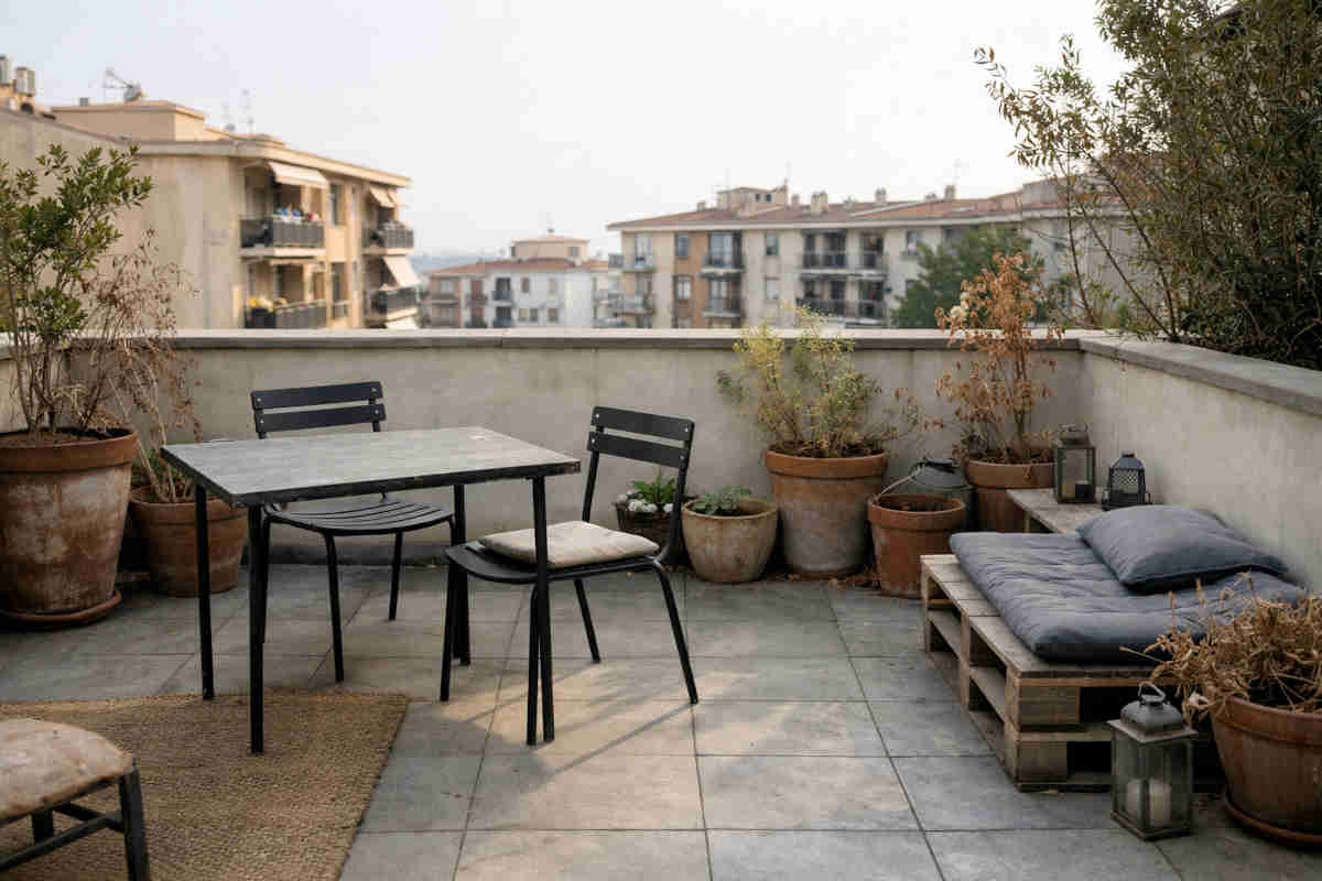 Terrazzo sporco e pieno di erbacce con vista panoramica sullo sfondo