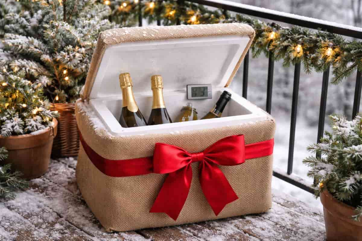 cassa rivestite piena di bottiglie sul balcone innevato