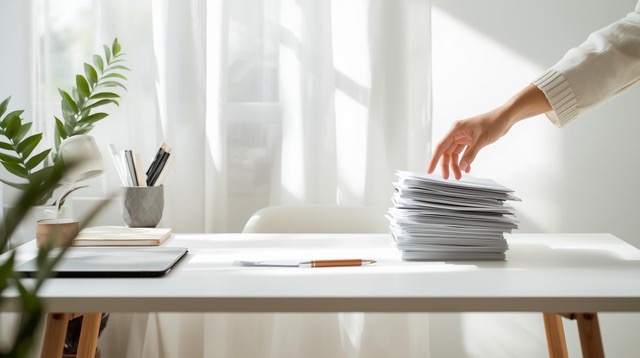 Persona che mette in ordine la scrivania