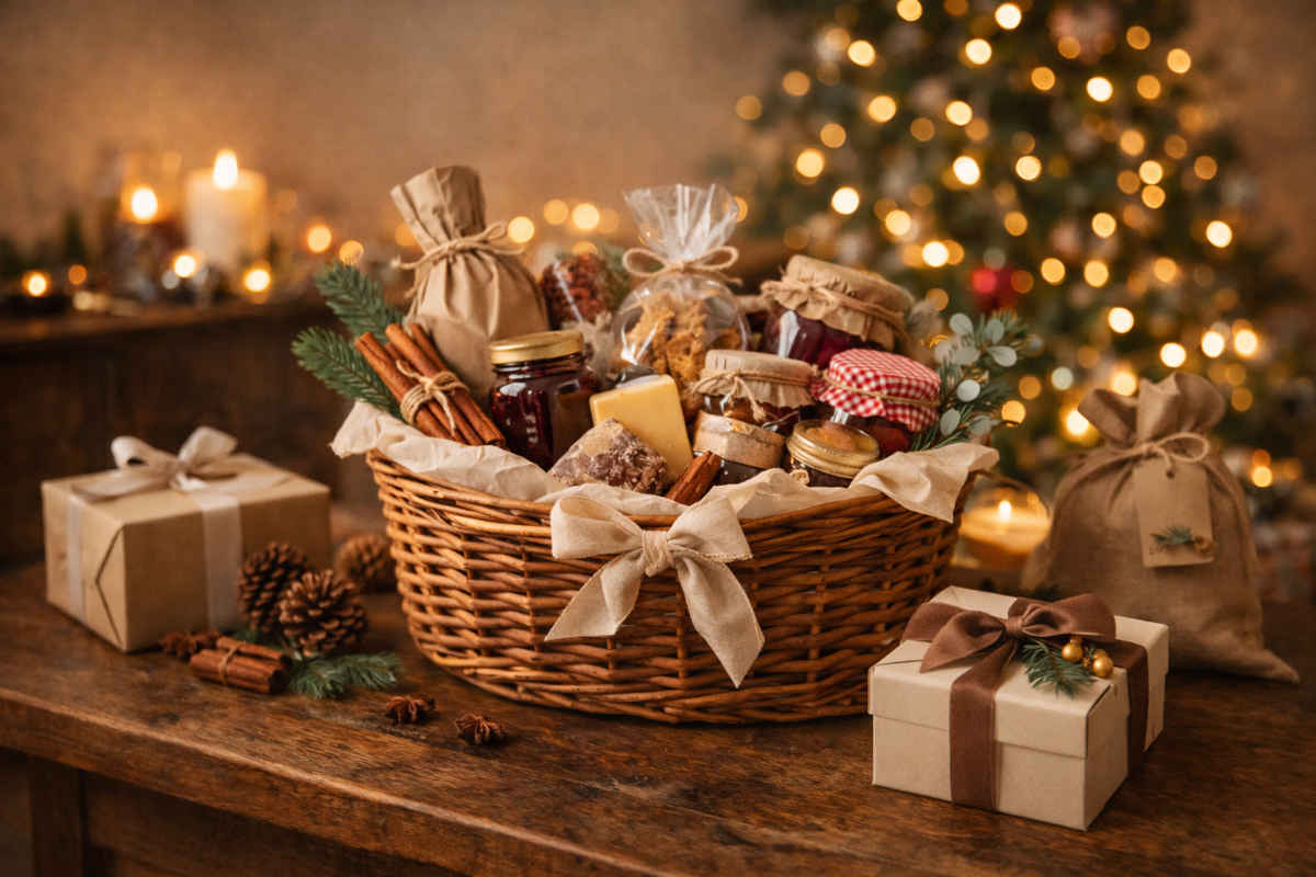 Cesto natalizio con regali e sullo sfondo decorazioni natalizie che fanno atmosfera