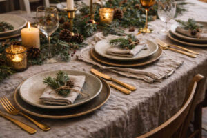 Tavola natalizia con mise en place elegante
