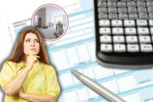 f24 con calcolatrice e penna, donna che pensa e lavori di ristrutturazione in casa in icona