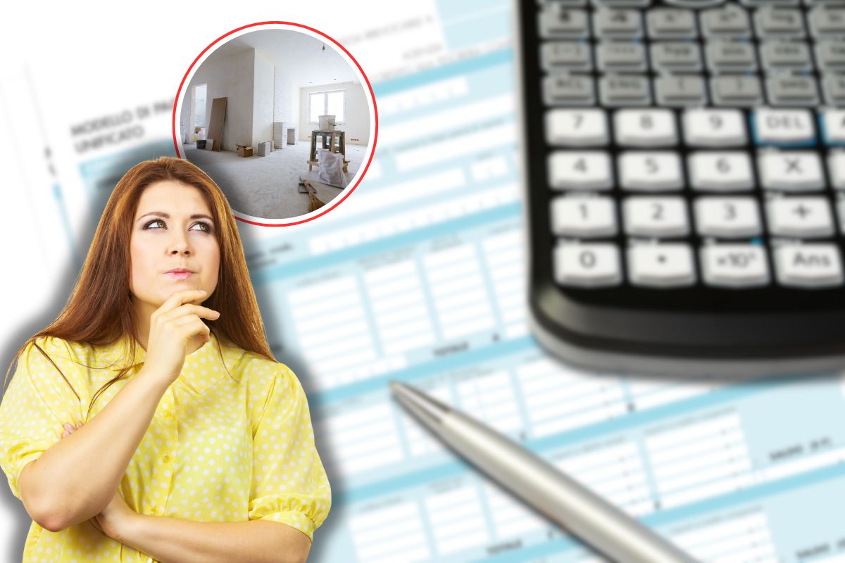 f24 con calcolatrice e penna, donna che pensa e lavori di ristrutturazione in casa in icona