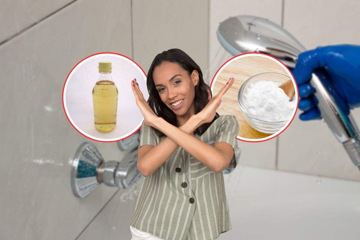 sfondo di una persona che pulisce la doccia e in primo piano una donna che dice all'aceto e la bicarbonato