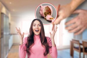 piantina di casa, salvadanaio rotto con spiccioli in icona rossa e donna sorpresa