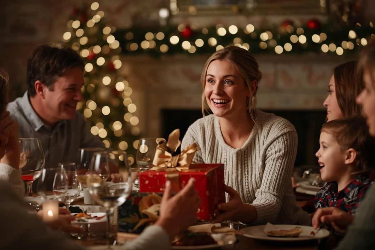 Famiglia a tavola in atmosfera natalizia