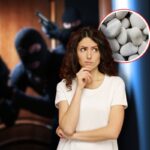 ladri che entrano in casa, sassolini in icona rossa e donna che pensa