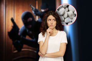 ladri che entrano in casa, sassolini in icona rossa e donna che pensa